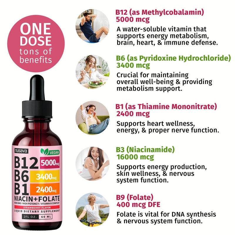 NUSAVA (4 Pack) Vitamin B12 Liquid Drops 5000mcg - B12 Sublingual with B6 & Vitamin B Complex - Methylcobalamin B12 Drops for Women & Men -Vegan Supplement, Non-GMO, Strawberry (2 Fl Oz, 160 Servings) 2 Fl Oz (Pack of 4)