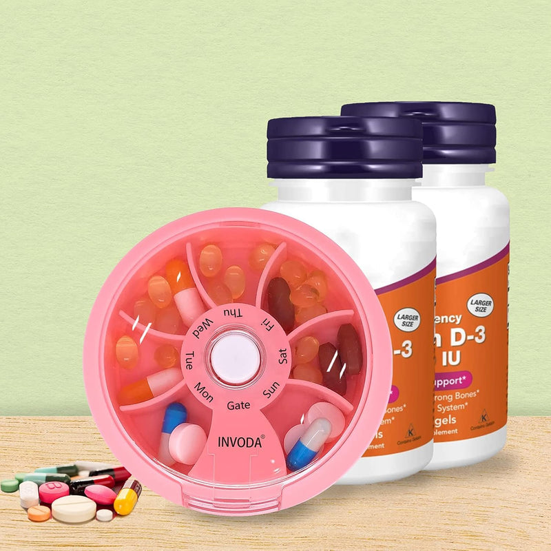 4PCS Portable Mini 7 Day Weekly Circular Shape Rotary Pill Storage Case Box | Small Pill Case Cute Pill Box 1 Time A Day for Pills Medication Supplements Vitamin 4 Colors
