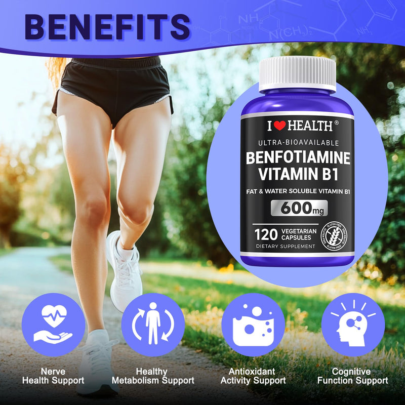 Benfotiamine 600mg Plus 20mg Vitamin B1 | 120 Veggie Capsules | Made in USA | 3rd Party Tested | Fat Soluble Essential Vitamin B1 Thiamine Supplement | Non-GMO | Gluten Free-Vegetarian Friendly Benfotiamine 600mg + 20mg Vitamin B1