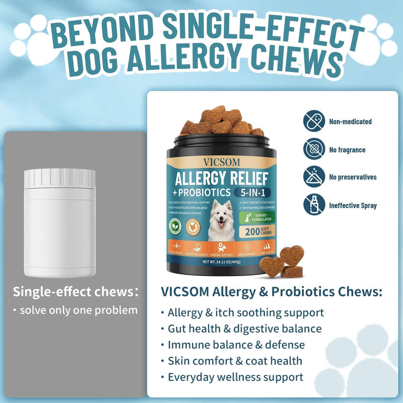Dog Allergy Chews with Probiotics for Dogs, 200 Dog Allergy Relief Treats for Dogs Immune Support & Itching Skin Relief, Ears, Eyes, Paws Support, Dog Probiotics for Gut Health, Chicken Flavor