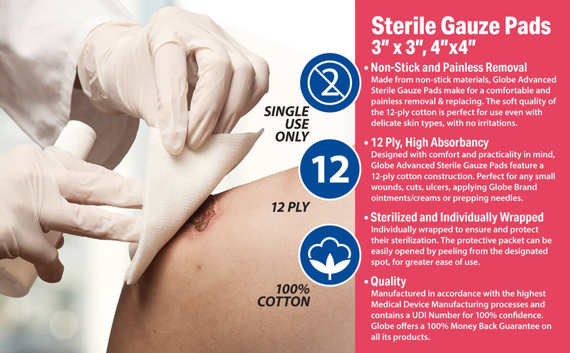 Globe 4’’ x 4" Advanced Sterile Gauze Pads for Wound Dressing| 100-Pack, Individually Packed | 12-Ply Cotton & Highly Absorbent| Advanced Gauze Sponge-Pads for Wound Care & Home First Aid Kits (4 x 4) 4" x 4" - BeesActive Australia