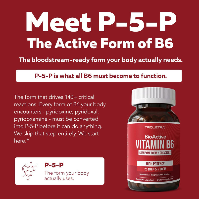 BioActive Vitamin B6 25mg Capsules - Active P-5-P Form for Mood, Energy & Cycle Support - Enhanced Absorption with Riboflavin & Magnesium - Clinical Strength, Non-GMO (60 Capsules - 2 month supply) 25 mg