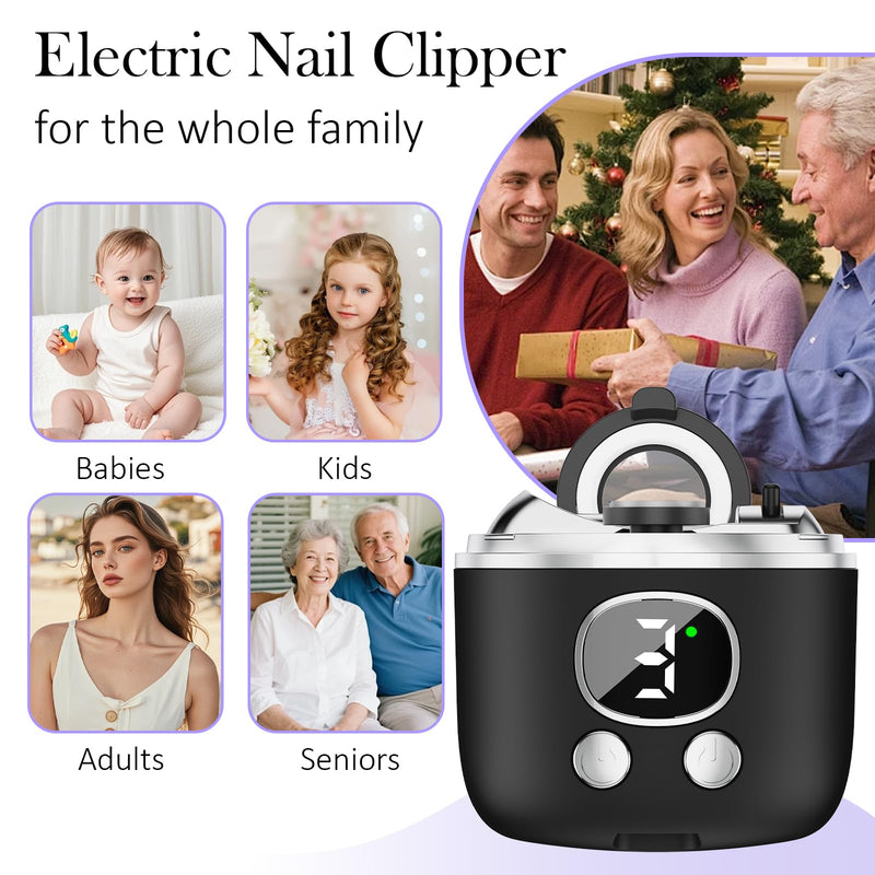 Electric Nail Clipper, 3-Speed Fingernail Trimmer with 2 Trimming Head & Magnifying Glass, Automatic Nail Clipper/Polisher/Grinder with Light for Seniors, Mother‘s Day Gifts for Mom Women Adults Black