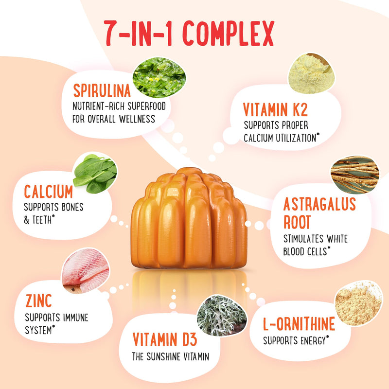 Fluffy Height Growth Vitamin Gummies for Kids & Teens - Grow Taller | Growing Up and Teeth & Bones Support, Calcium, Zinc, Vitamin D3, K2, Spirulina and Astragalus - Peach & Mango