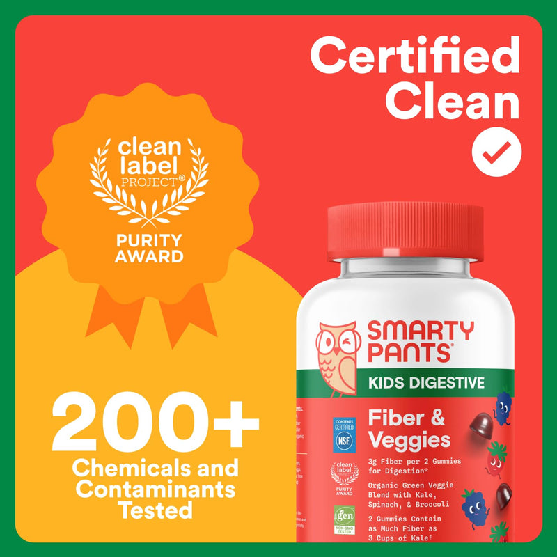 SmartyPants Kids Fiber & Veggies: Prebiotic Fiber Gummies for Kids, Fiber Supplement with Inulin, Organic Green Veggie Blend, Vegan, Gluten Free, Mixed Berry Flavor, 60 Count (30 Day Supply) Fiber + Veggies 60 Count (Pack of 1) - BeesActive Australia
