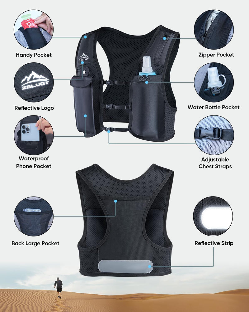 Running Vest for Women Men, USA Original Patent, Adjustable Chest Straps Running Hydration Vest with 500ml Soft Flask, Lightweight Reflective Hydration Backpack for Marathon Medium-Large Black