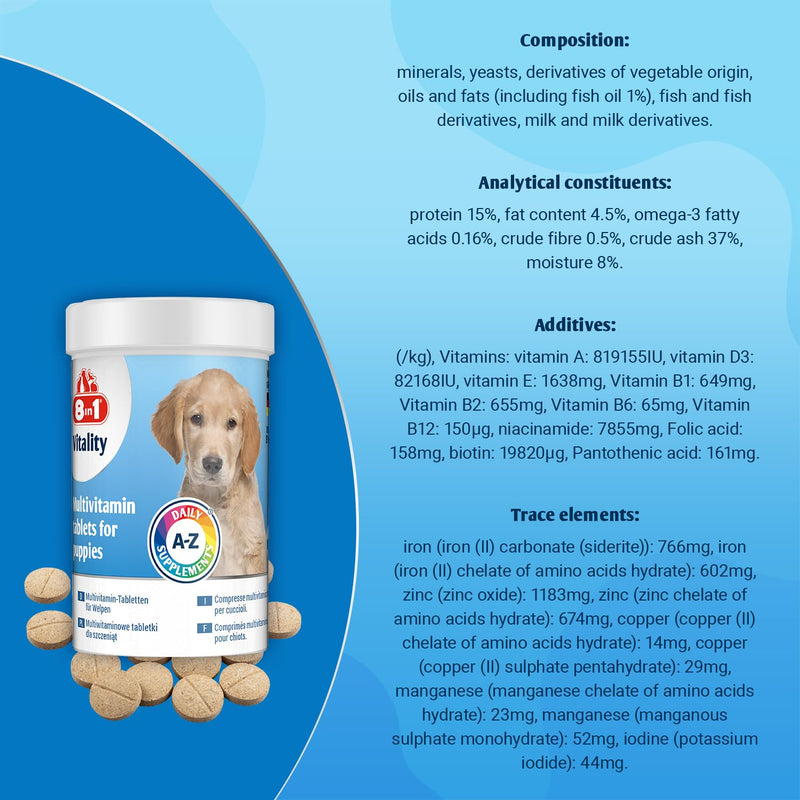 Puppy Multivitamins Nutritional Supplement - 11 multivitamins and 5 micronutrients - 100 tablets - for healthy growth, strong bones and immunity