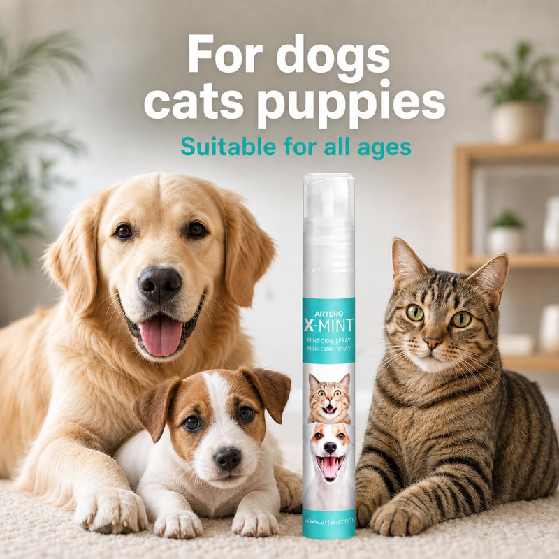 ARTERO X-Mint. Instantly removes bad breath from your dog or cat. Maintains oral hygiene. Pleasant taste. Protects enamel. Easy to apply with diffuser spray.