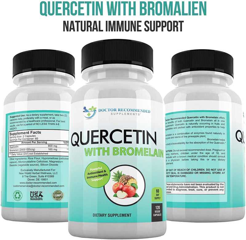 DOCTOR RECOMMENDED SUPPLEMENTS Quercetin 800mg w/Bromelain 165mg Per Serving- 120 Veggie Capsules-Full 60 Day Supply, Vitamin Supplement & Bioflavonoids, Gluten Free, Non-GMO (Pack of 2) 120 Count (Pack of 2) - BeesActive Australia