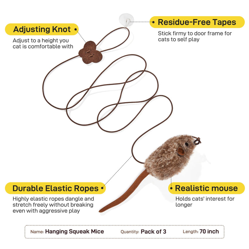 Potaroma Hanging Cat Mice Toys 3 Pcs with Squeaky Sound, Interactive Cat Teaser Retractable, Cat Toys Indoor Kitten Play Chase Exercise, Mental Physical Stimulation Max Extended Length 70 inches - BeesActive Australia