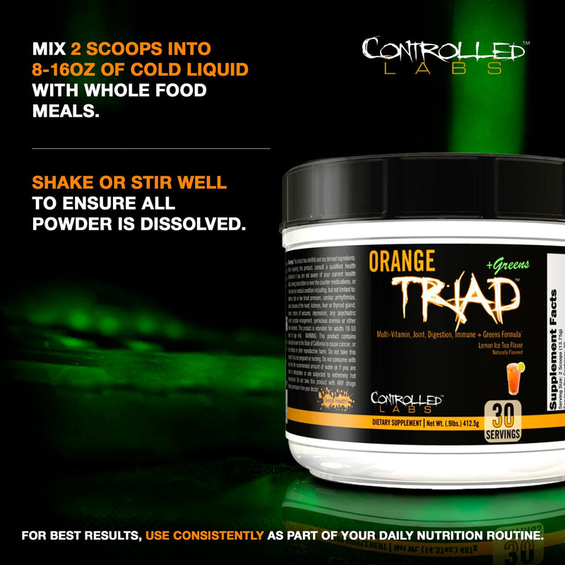 CONTROLLED LABS Orange Triad + Greens, Multivitamin & Greens Powder, 30serv | Daily Supplement, Lemon Ice Tea Flavor, Vitamin A, B6, B12, C, D, Iron Free Sport Supplement, Digestion, Immune, Joint Health