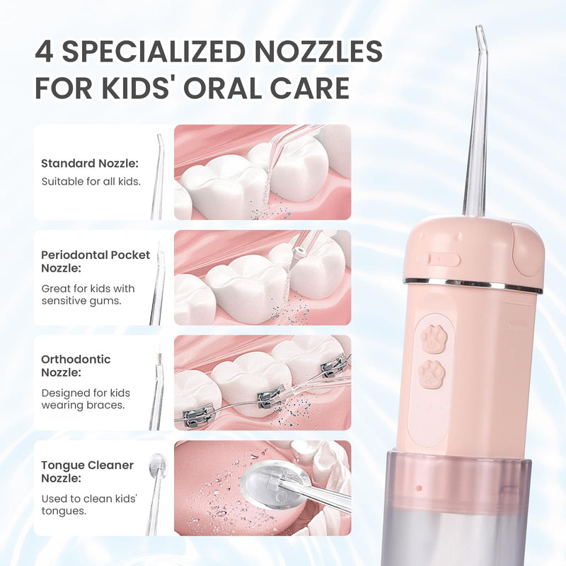Kids Water Dental Flosser, Portable Water Flosser for Teeth 150ML Rechargeable Oral Irrigator with 3 Modes & 4 Nozzles, IPX5 Waterproof for Home and Travel Pink