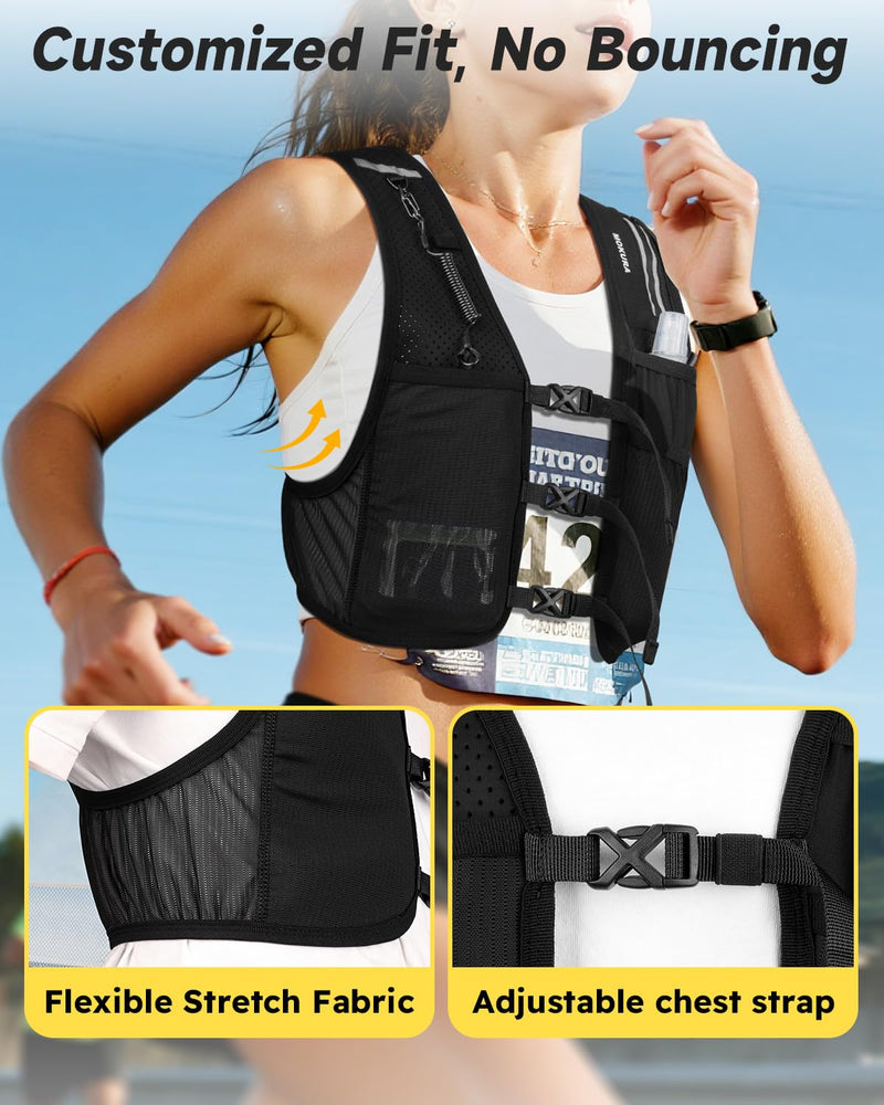 MOKURA Running Vest for Women Men, Reflective Hydration Vest with 500ML Soft Flask and Phone Holder, Adjustable Running Backpack, Lightweight Run Pack Water Bottle, Runner Marathon Essentials Medium