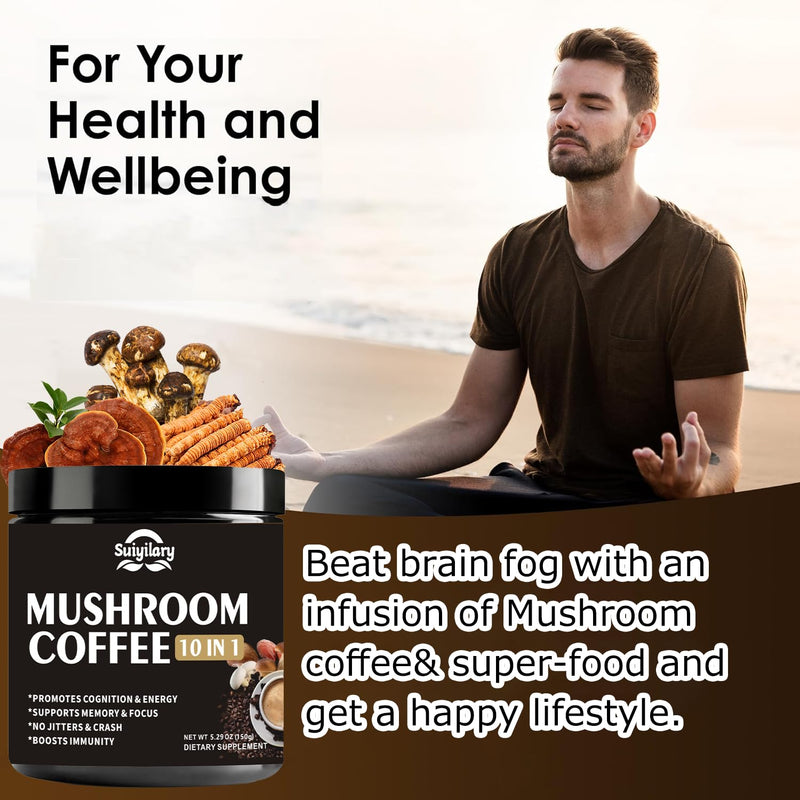 Mushroom Coffee, 10 Mushroom Extract Powder Blend Lion's Mane, Reishi, Chaga, Cordyceps, Turkey Tail, Brain Supplements with Instant Coffee for Energy, Focus, Memory and Immunity 150g mushroom coffee 5.3 Ounce (Pack of 1)