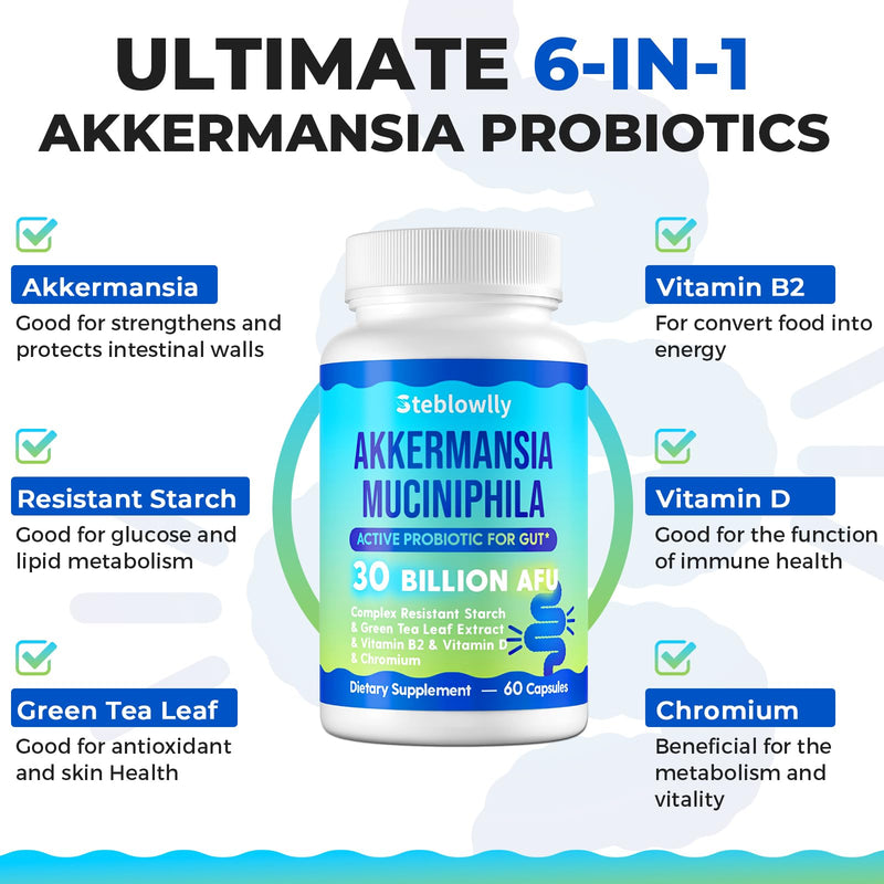 Akkermansia, Akkermansia Muciniphila for Gut Health, Metabolic*, 60 Caps | Akkermansia Probiotics for Women & Men, with Chromium, Green Tea Leaf, B2 - for Digestive Health & Immune