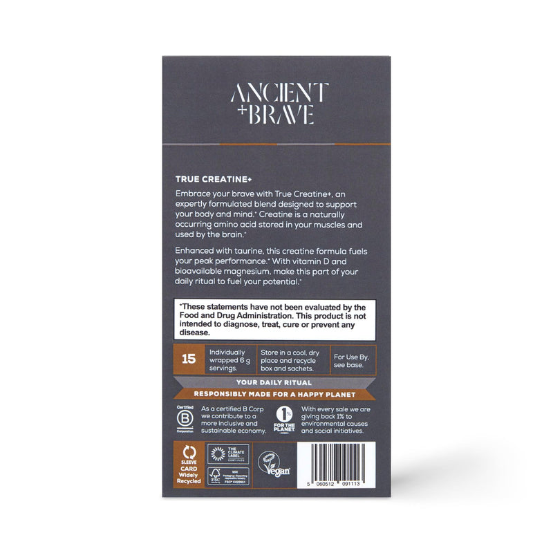Ancient + Brave True Creatine+ Packets 15 x 6g | Monohydrate Creatine Supplement With Taurine, Magnesium and Vitamin D, Women's Creatine Powder for Energy and Performance Sachets (75g)