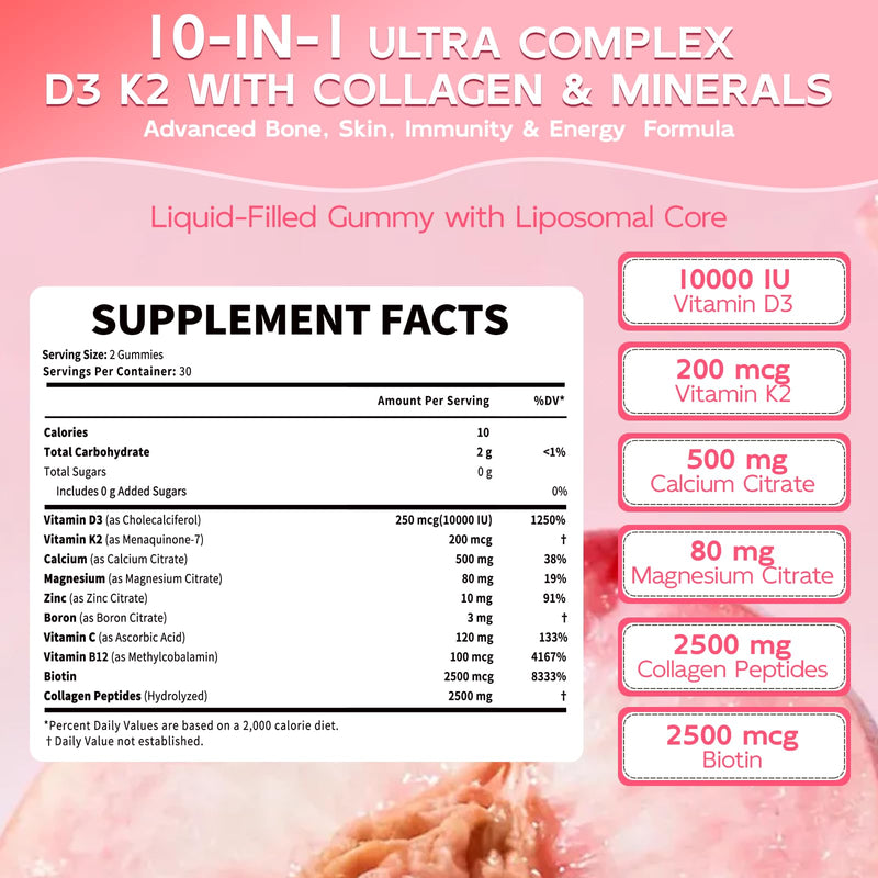 Vitamin D3 K2 Gummies, 10-in-1 Liposomal 10000 IU Vitamin D3 & K2 200 mcg | with Calcium, Magnesium, Collagen, Biotin, Zinc & B12, Bone, Skin & Immune Support, Sugar Free, Peach Flavor, 60 Count 60 Count (Pack of 1)