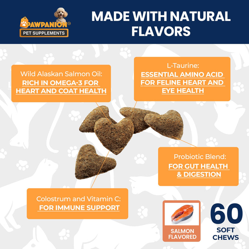 Multivitamin Soft Chews for Cats, Daily Vitamins & Immune Support, Joint Skin Gut Health Formula, Probiotics + Omega + Vitamins, 60 Soft Chews Salmon Flavor Multivitamin