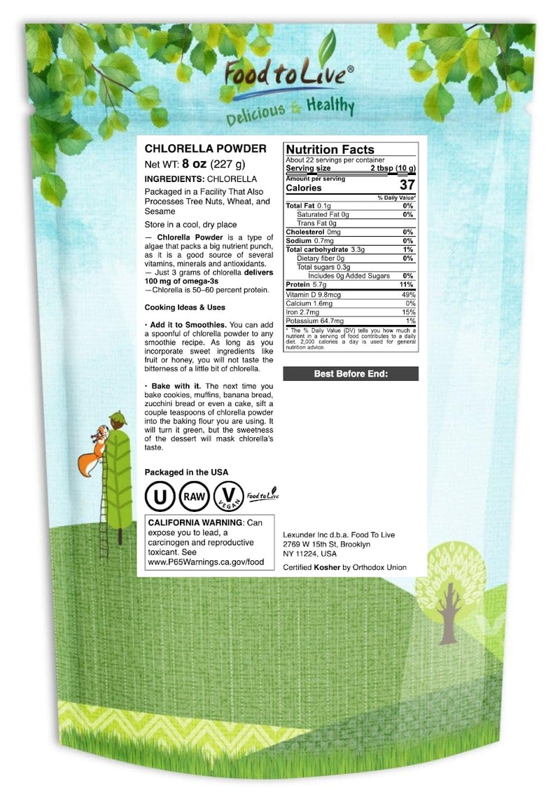 Food to Live Chlorella Powder, 8 Ounces - Kosher, Raw Green Algae, Vegan Superfood, Bulk, Pure Vegan Green Protein, Rich in Vitamins and Minerals, Great for Drinks, Teas and Smoothies 8 Ounce (Pack of 1)