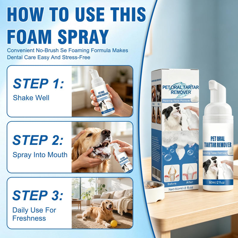 2PCS Pet Oral Tartar Remover Spray, Dental Foaming Care Sprays, Teeth Cleaning & Breath Freshener, Gentle Tartar Support Foam, No Brushing Required