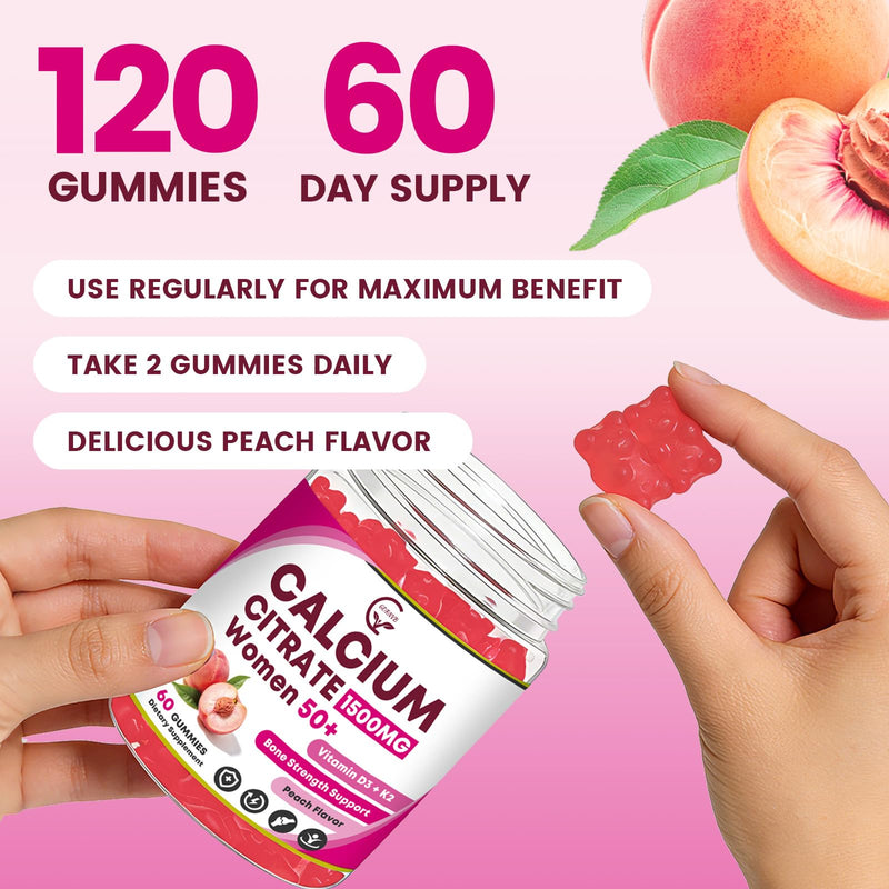 Calcium Citrate 1500 mg Gummies with Vitamin D3 K2 for Women, 60 Day Supply | Calcium Supplements for Women 50 Plus, Bone & Teeth Support, High Absorption, Easy to Digest, Sugar Free, Vegan, Peach Flavor