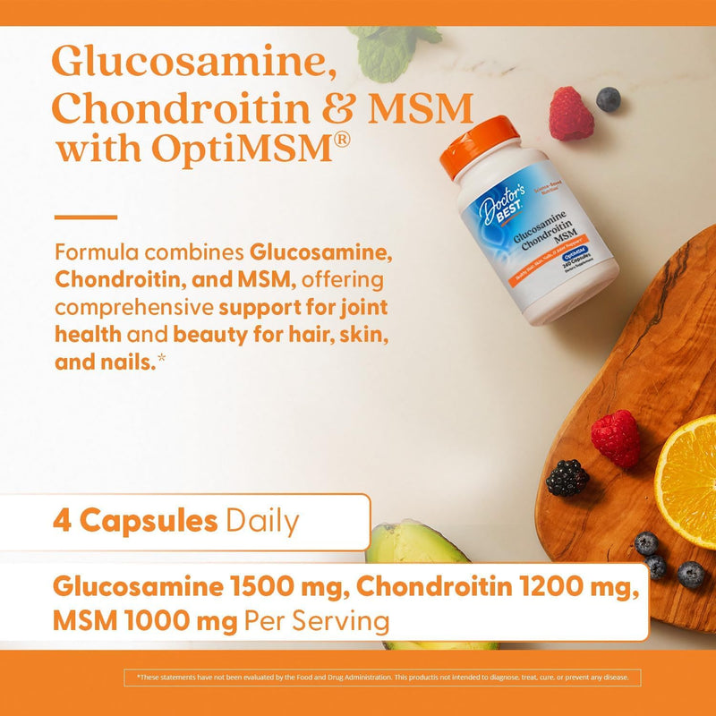 Doctor's BEST Glucosamine Chondroitin MSM - Joint Health Support Supplement for Women & Men, Nutritional Support for Joint Strength, Hair, Skin, & Nails, Gluten Free, Non GMO - 240 Capsules (2 Pack) Unflavored 240 Count (Pack of 2)