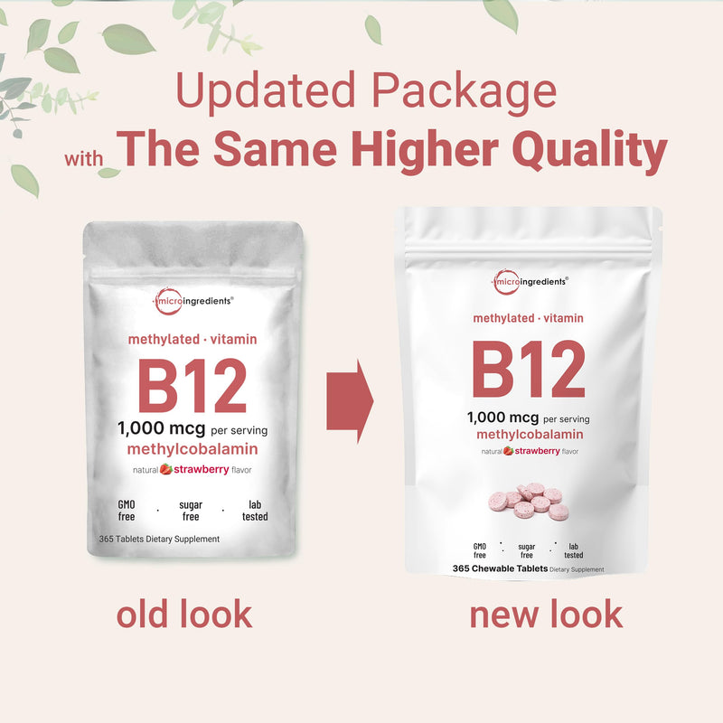 Micro Ingredients Vitamin B12 1,000 mcg | Methylcobalamin – 365 Chewable Tablets | Fast Dissolve, Natural Strawberry Flavor | Supports Energy & Metabolism Health | Vegan, Non-GMO, Gluten Free