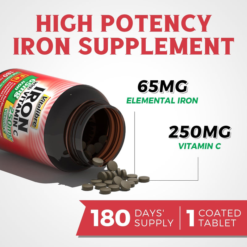 Iron Supplement, 65mg Carbonyl Iron with 250mg Vitamin C, Stomach Friendly | Iron Pills for Blood Building Women & Men, High Absorption, No Nausea, No Constipation, Non-GMO, No Gluten, 180 Vegan Tabs 180 Count (Pack of 1)