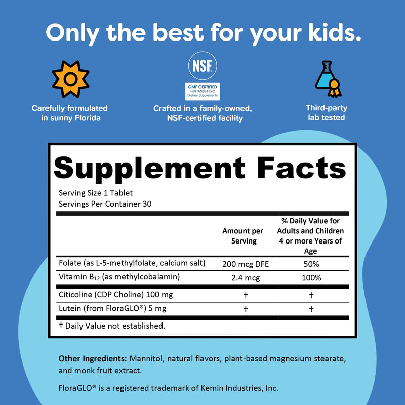 Renzo's Focus Buddy Kids Brain Support, Dissolvable Tabs, 30-Count | Citicoline, Lutein, B12, Folate, Focus & Attention Support, Stimulant-Free, Sugar-Free, Orange Flavor, 1-Month Supply