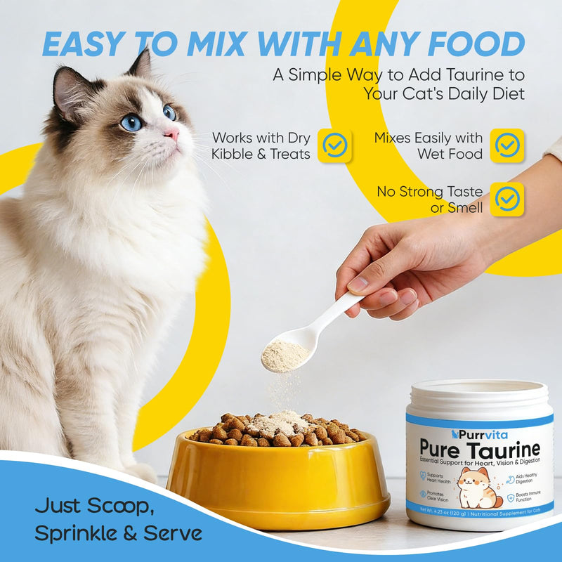 Taurine for Cats, 4.23 oz / 120g, Cat Taurine Supplement, Essential Amino Acid Support for Heart, Vision, Digestion & Daily Wellness, Easy-Mix Powder with Scoop