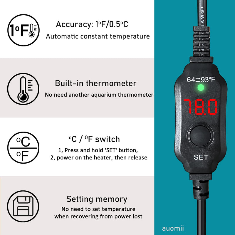 Mini Submersible Aquarium Heater, 10/20/25/50/100/150 Watts Adjustable Fish Tank Heater, Built-in Thermometer, External Temperature Controller, Smart Memory, Used for 1-60 Gallons (10W Plug) 10W PLUG - BeesActive Australia