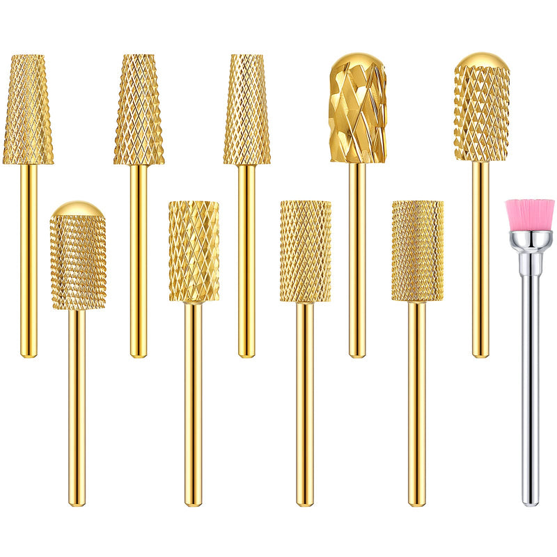 Honoson 10 Pcs Nail Drill Bits Set, 3/32 Inch Cuticle Tungsten Carbide Bit for Nail Drill Nails, File Remove Acrylic Gel Polish Manicure Pedicure Tool for Salon Home Supplies(Gold) Gold - BeesActive Australia