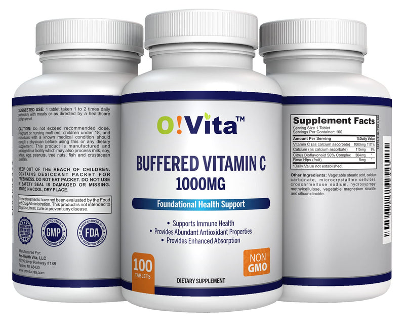 Buffered Vitamin C 1000mg for Support of Immune Health, 100 buffered Non-GMO Tablets, 100-day Supply