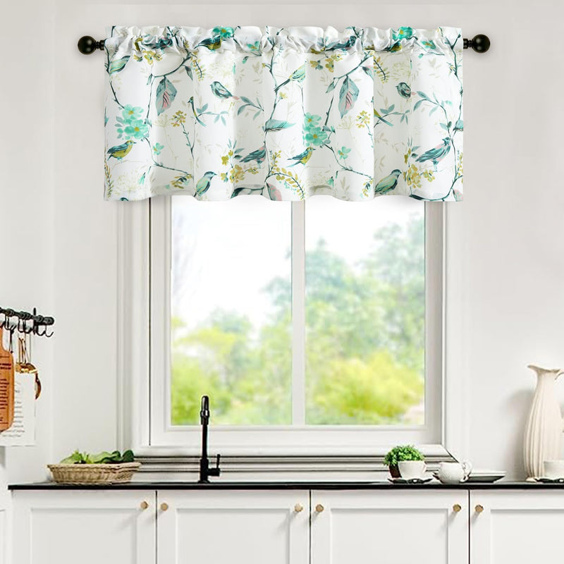 Leeva Birds Vines Printed Curtains Valance for Kitchen Bath Laundry Bedroom Living Room, Rod Pocket Semi-Blackout Valances for Windows, 52 x 18 Inch, Green Birds, One Panel 52"W x 18"L | One Panel - BeesActive Australia