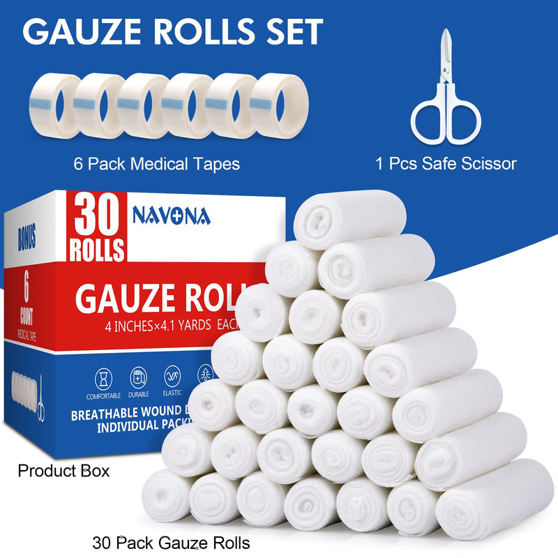 30 Pack Gauze Rolls Bandages, 4 in x 4.1 Yards, Individually Wrapped Breathable Rolled Gauze, Mummy Wraps, Premium First Aid Supplies & Medical Supplies for Wounds Pack of 30 - BeesActive Australia