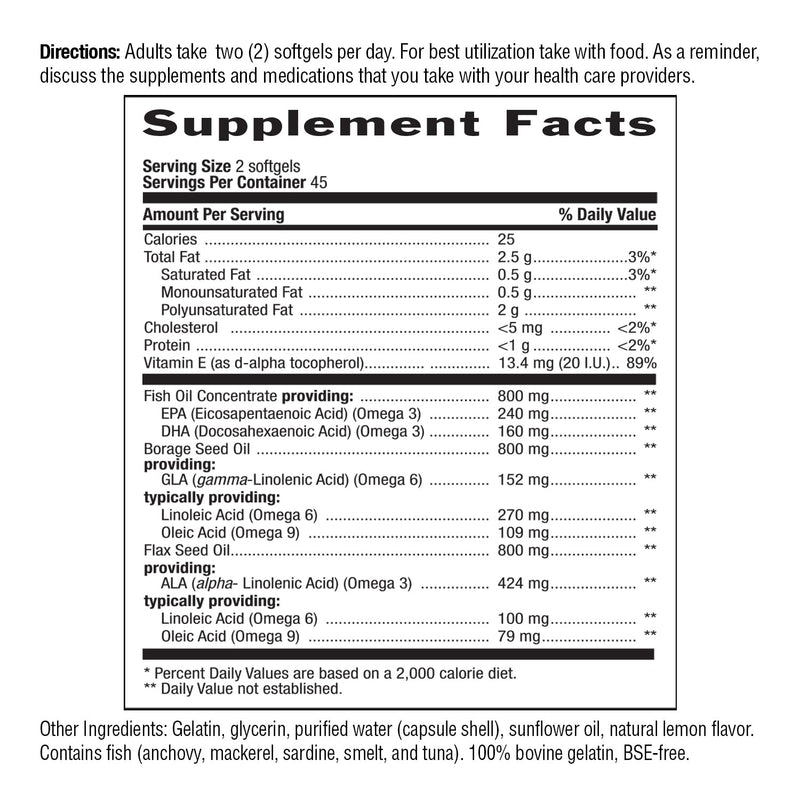 Country Life Omega 3-6-9 Complete, 1,534 mg per Serving, 90 Softgels | Fish, borage and flax seed oils provide EPA, DHA, GLA and ALA with natural lemon flavor; 45 servings
