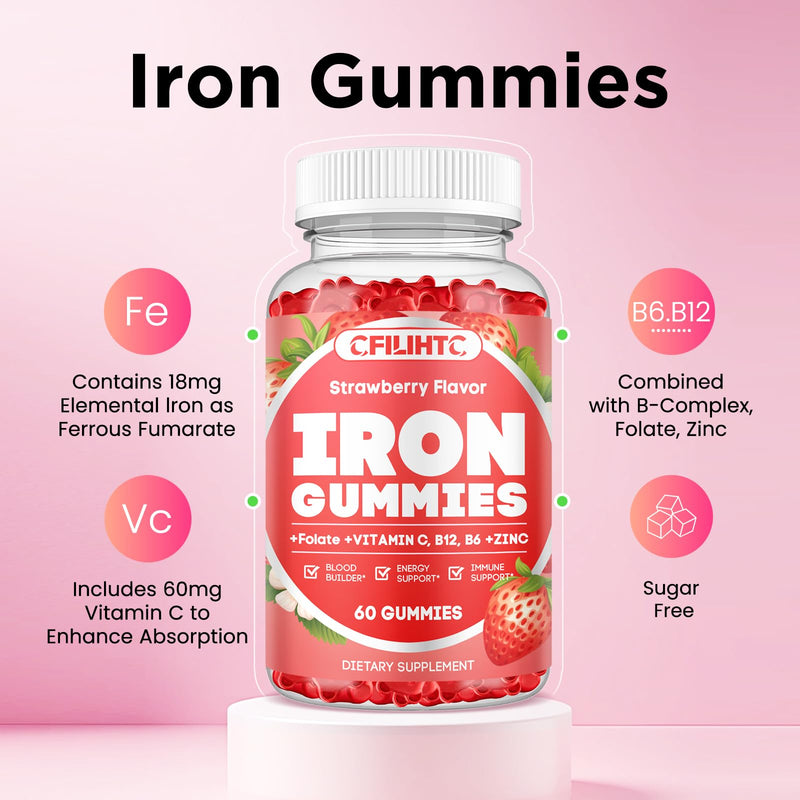 2 Pack Iron Gummies for Women & Men - Iron Supplement with Vitamin B6, B12, C, Zinc, Folate for Adults & Kids - Support Iron Deficiency, Anemia, Energy Boost, Blood Builder - Sugar Free Strawberry 60 Count (Pack of 2)