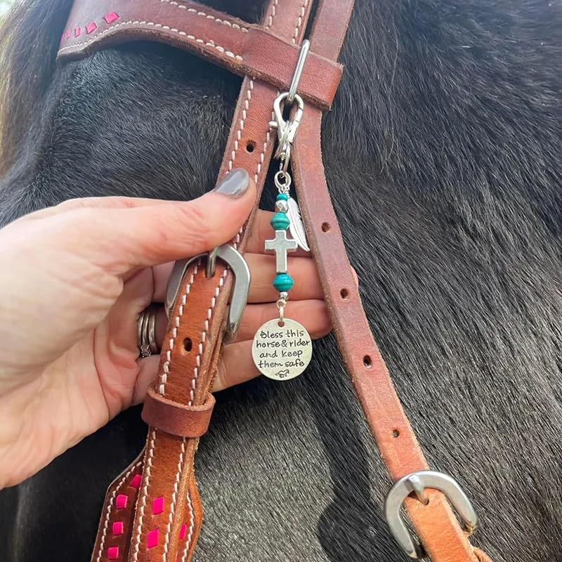Horse Saddle and Bridle Charm Clip, Bless This Horse and Rider Keep Safe Bridle Saddle Charm Gifts for Horse Rider, Saddle Strings Riding Enthusiast Charms Hanging Ornament Blue Stone & Horseshoe - BeesActive Australia