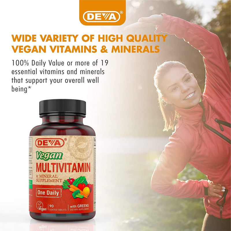 DEVA Vegan Multivitamin & Mineral Supplement with Iron 2-Pack, Spirulina, Chlorella, Ashwagandha, Broccoli & More, 90 Coated Tablets Each 90 Count (Pack of 2)