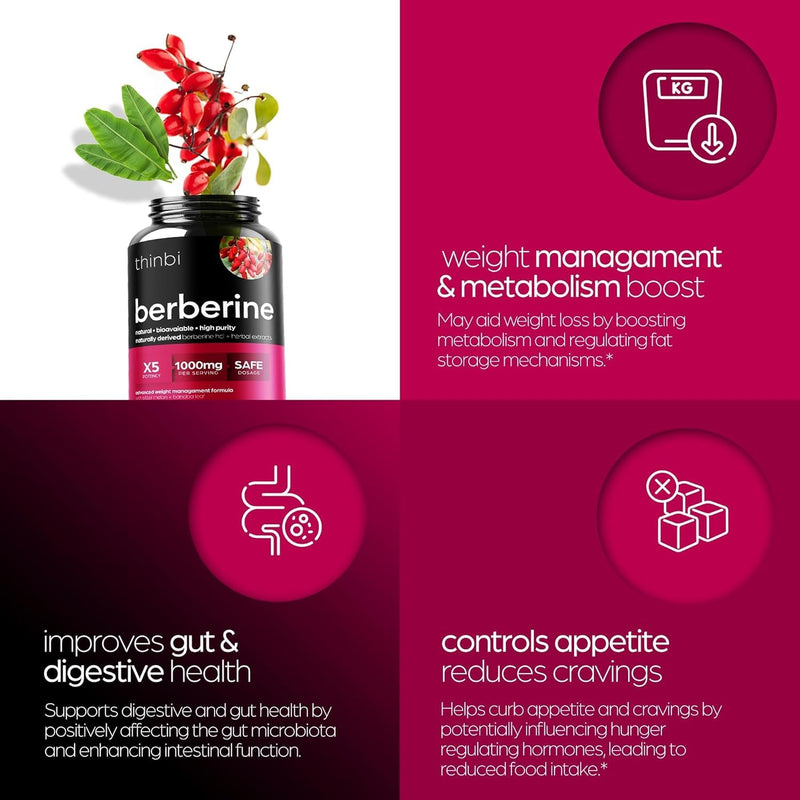 Berberine Supplement 1000mg Potent Botanical Capsules for Weight Management Support with Bitter Melon Fruit and Banaba Leaf Extract - HCl from Indian Barberry Extract - 30 Servings -Thinbi 100 Count (Pack of 1) - BeesActive Australia