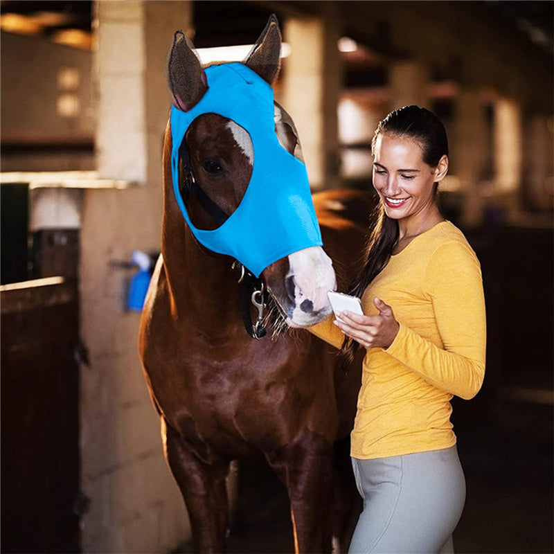 Horse Fly Mask with Ear, Elastic Horse Face Cover with Large Mesh Cover, Comfortable and Breathable Horse Face Cover, Riding Protection (Blue) Blue - BeesActive Australia