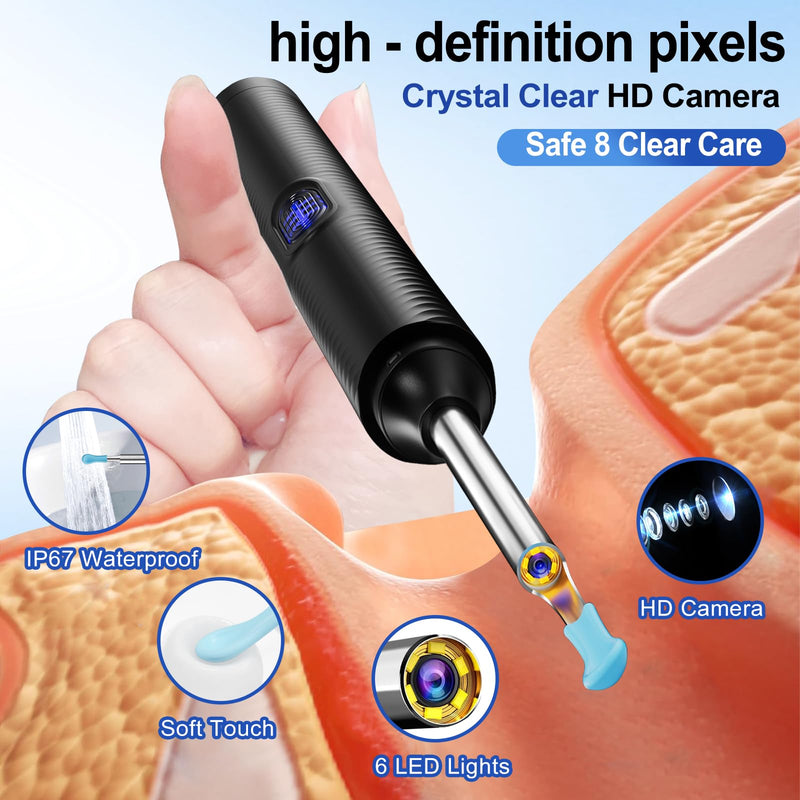 AI Eardrum Alert, AI Ear Wax Removal Kit, 1080P HD Camera with 6-Axis Gyroscope, Waterproof Lens, 230mAh Battery, Earwax Removal Tool with 8 Pcs Ear Set, Otoscope Camera for iOS & Android (Black) - BeesActive Australia