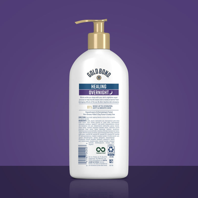 Gold Bond Healing Overnight Body & Face Lotion for Dry Skin, Nongreasy Moisturizer with Hyaluronic Acid, Aloe & Melatonin Works While You Sleep, 13 oz.