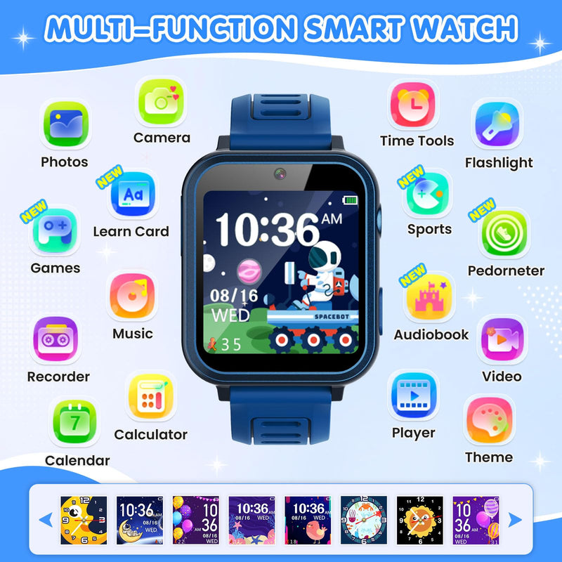 MOFGDNI Smart Watch for Kids with 39 Games Touchscreen Camera Video, Music Player, Pedometer, Calculator, Calendar, Stopwatch, Flashlight, Alarm Clock 12/24 hr, Birthday Gifts Toys for Boys Ages 3-12 Blue
