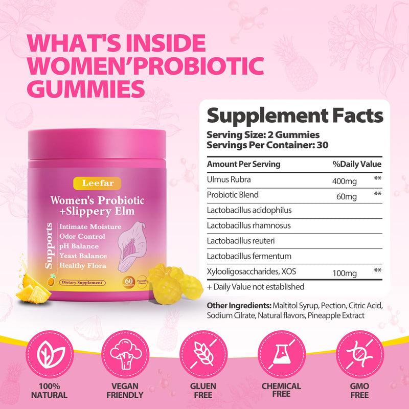 Her Juicy Feminine Probiotics Gummies with Slippery Elm Supports pH Balance Gut Health & Immune System Promote Vaginal Health for Women 120 Pineapple Gummies 60 Count (Pack of 2) - BeesActive Australia