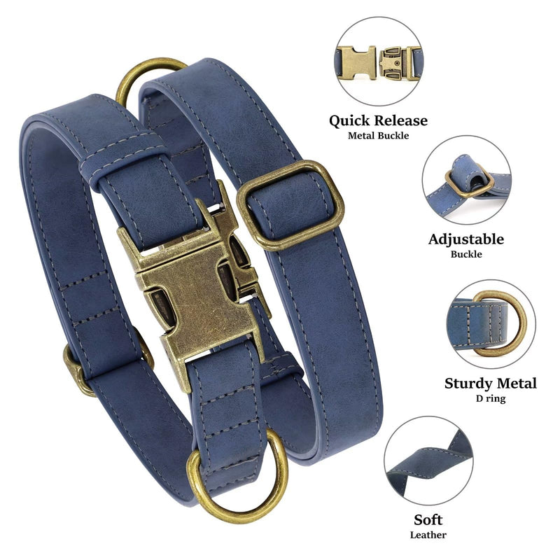 Didog Soft Leather Dog Collar, Durable Heavy Duty Dog Collars with Quick Release Metal Buckle, Adjustable Dog Collar Leather for Large Medium Dogs, Blue, L L：Fit 15-23" Neck - BeesActive Australia