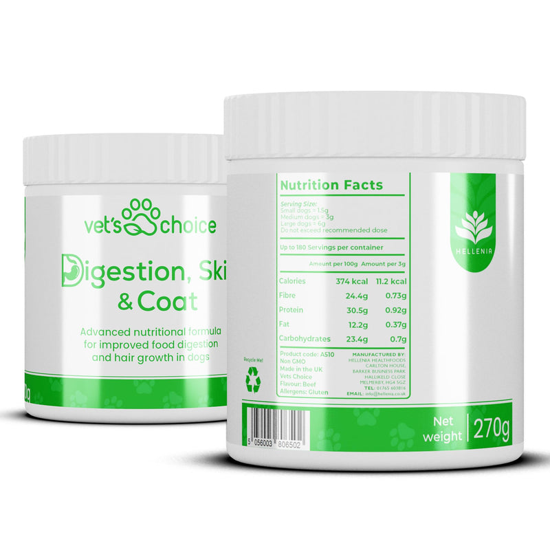 Dog Digestion Supplement - Digestion, Skin & Coat Powder - 270g | Vet's Choice - GMP Certified | Digestive balance, skin & coat maintenance | UK Made Dog Supplement, Mix in with Food (Beef Flavour)