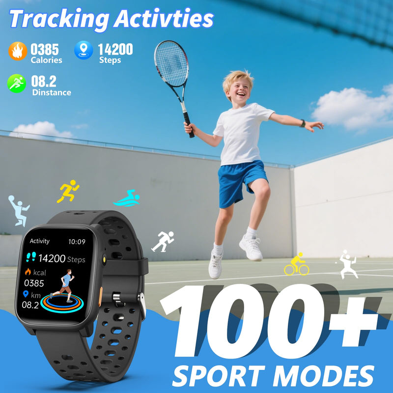Kids Smart Watch with Puzzle Games, 1.83" Kids Watches Heart Rate, Sleep Monitor, Pedometer, Alarm Clock, Flashlight, Gift for 6-16 Year Old Boys Girls Toys (Black) Black - BeesActive Australia