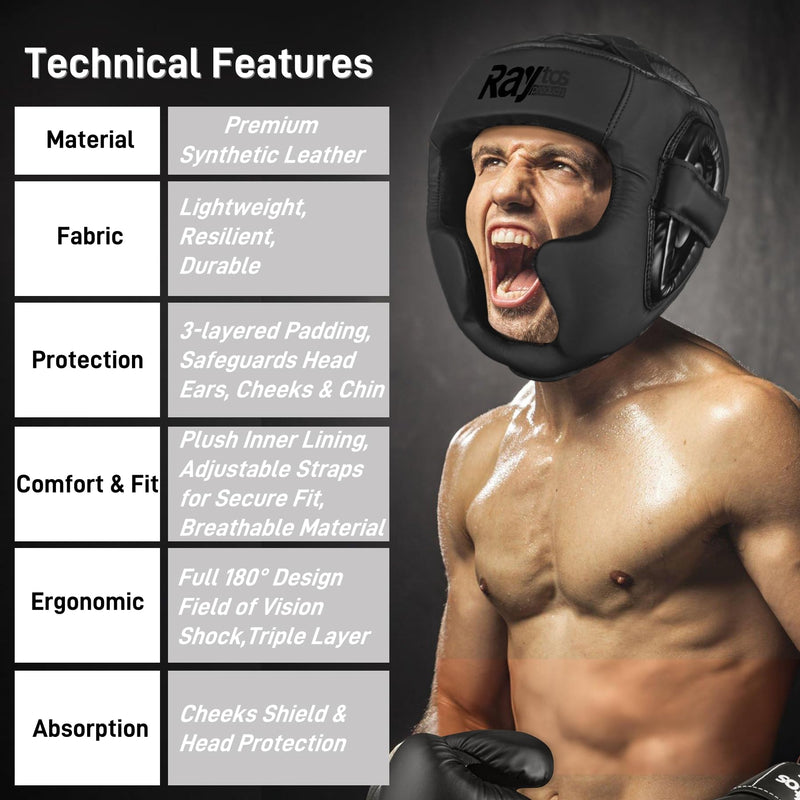 Boxing Headgear for Men Women – Professional Lightweight Open Face Head Guard, Breathable Protection, Secure Fit for MMA Muay Thai Kickboxing Sparring Training Black