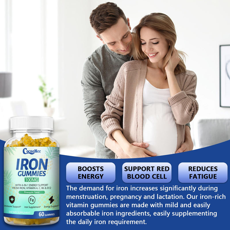 2 Pack 100MG Iron Supplements, Iron Gummies for Women & Men - Vitamin C, A, B12 - Complex, Improve Absorption, Energy Boost, Iron Deficiency for Adults & Kids - Complex Folate, Zinc, 120Cts 60 Count (Pack of 2)